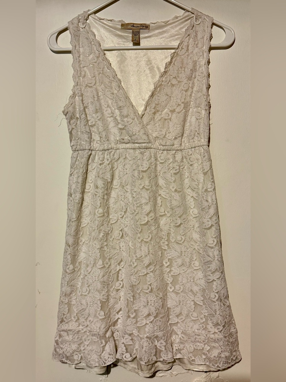 American Rag V Neck Lace Cream Mini Dress